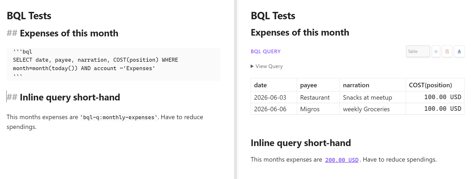 BQL Queries and Inline Results